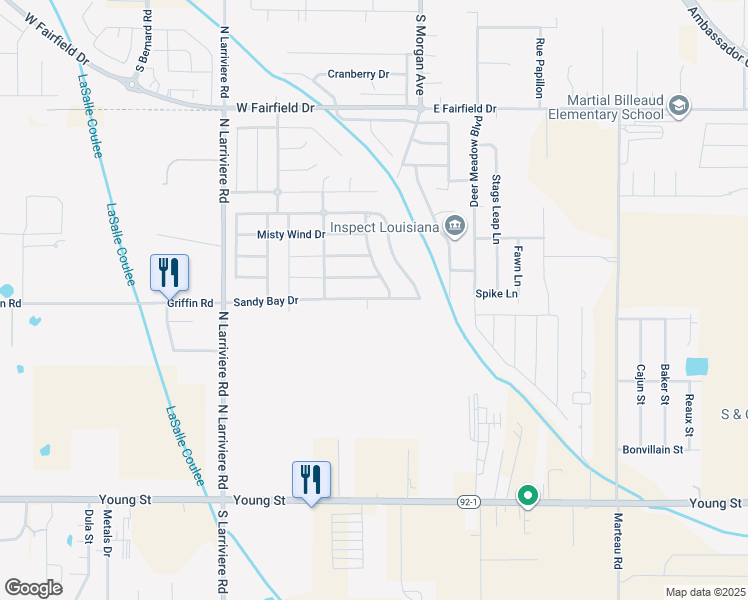 map of restaurants, bars, coffee shops, grocery stores, and more near Old Road Drive in Broussard