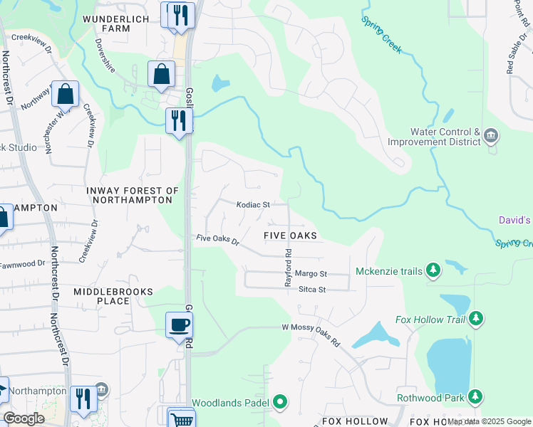 map of restaurants, bars, coffee shops, grocery stores, and more near 23714 Huron Street in Spring