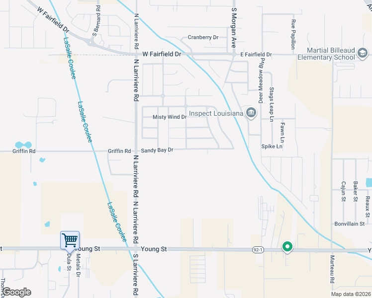 map of restaurants, bars, coffee shops, grocery stores, and more near Sandy Bay Drive in Broussard