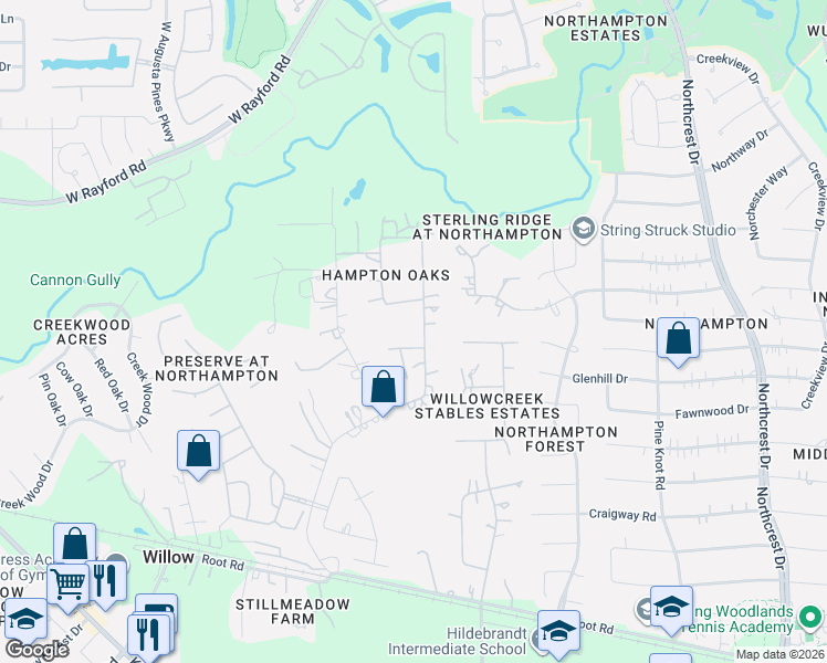 map of restaurants, bars, coffee shops, grocery stores, and more near 7102 Hampton Court in Spring
