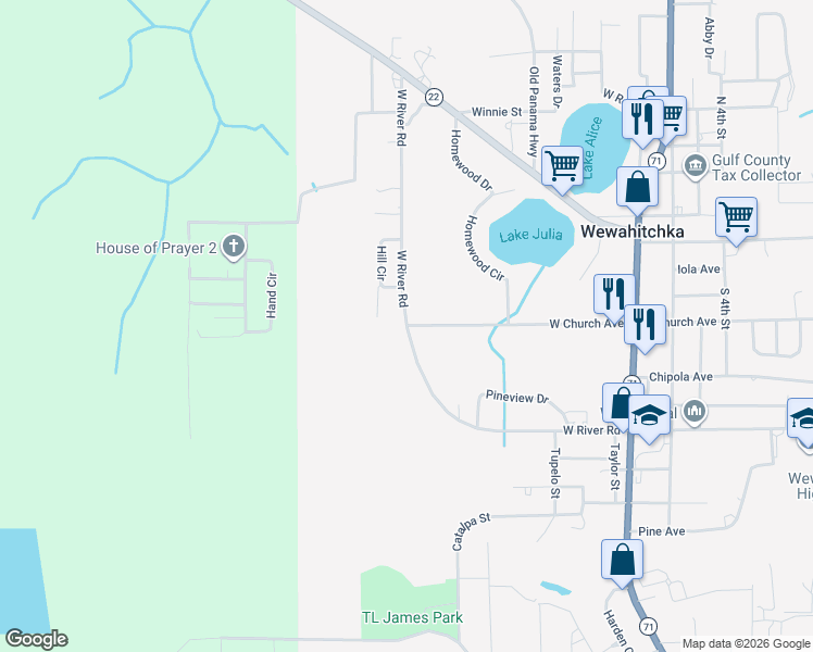 map of restaurants, bars, coffee shops, grocery stores, and more near 456 West River Road in Wewahitchka