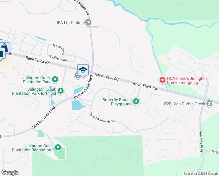 map of restaurants, bars, coffee shops, grocery stores, and more near 581 Sparrow Branch Circle in Jacksonville