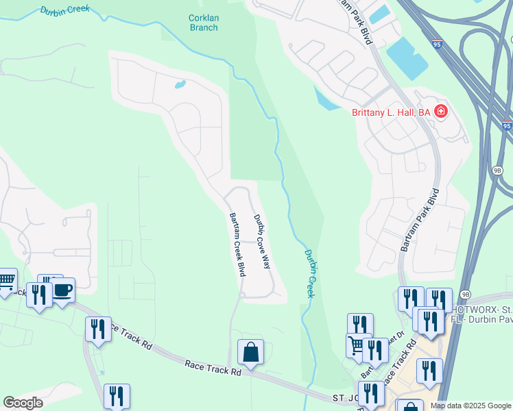 map of restaurants, bars, coffee shops, grocery stores, and more near 14899 Durbin Cove Way in Jacksonville