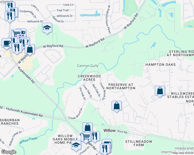 map of restaurants, bars, coffee shops, grocery stores, and more near 23926 Overcup Drive in Spring