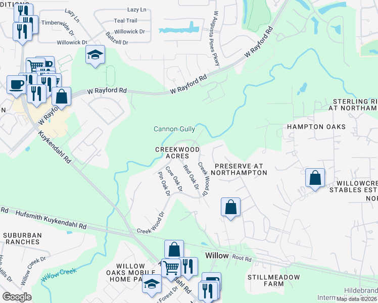 map of restaurants, bars, coffee shops, grocery stores, and more near 23903 Overcup Drive in Spring