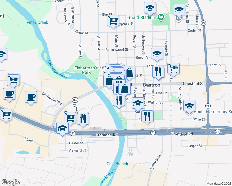 map of restaurants, bars, coffee shops, grocery stores, and more near 906 Main St in Bastrop