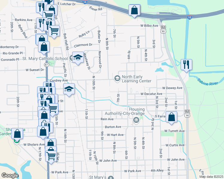 map of restaurants, bars, coffee shops, grocery stores, and more near 801 Cordrey Avenue in Orange