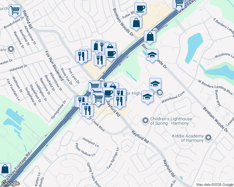 map of restaurants, bars, coffee shops, grocery stores, and more near 28603 Lockeridge View Drive in Spring