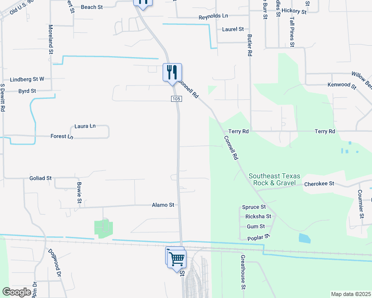 map of restaurants, bars, coffee shops, grocery stores, and more near 140 Carla Street in Vidor