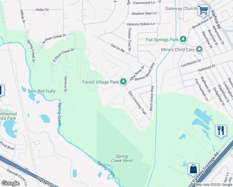 map of restaurants, bars, coffee shops, grocery stores, and more near 29406 Ridge Clearing Trail in Spring