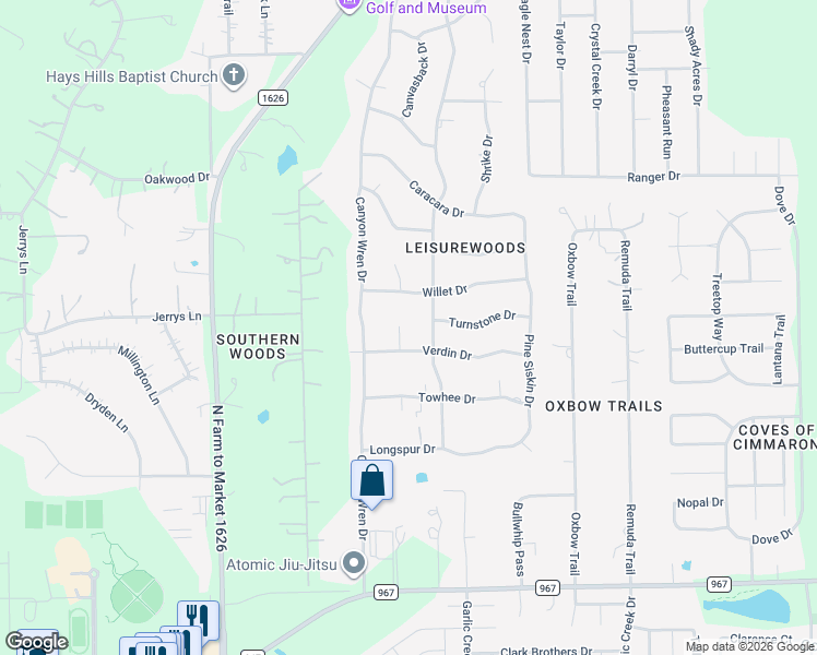 map of restaurants, bars, coffee shops, grocery stores, and more near 502 Dowitcher Circle in Buda