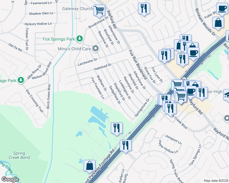 map of restaurants, bars, coffee shops, grocery stores, and more near 29002 Sedgefield Street in Spring