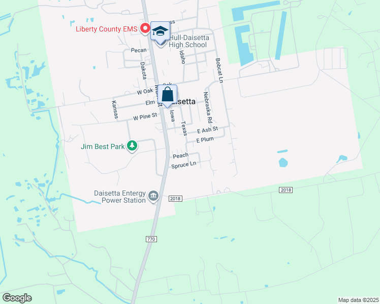 map of restaurants, bars, coffee shops, grocery stores, and more near 201 Peach in Daisetta