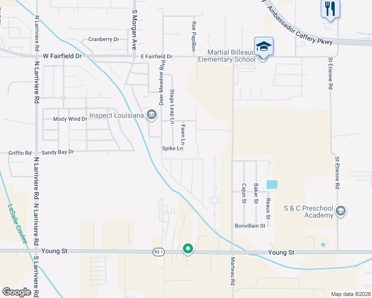 map of restaurants, bars, coffee shops, grocery stores, and more near 200 Fawn Lane in Broussard