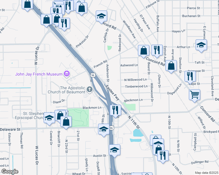 map of restaurants, bars, coffee shops, grocery stores, and more near 3190 Anderson Street in Beaumont