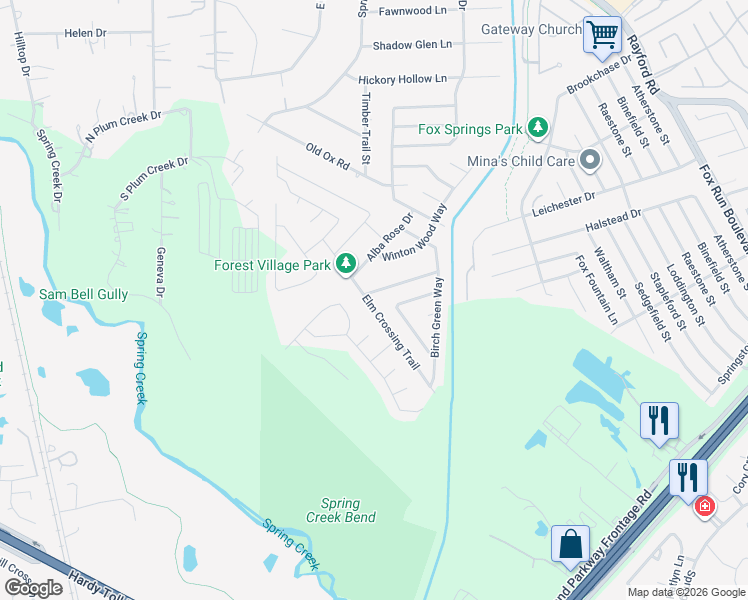 map of restaurants, bars, coffee shops, grocery stores, and more near 2479 Elm Crossing Trail in Spring