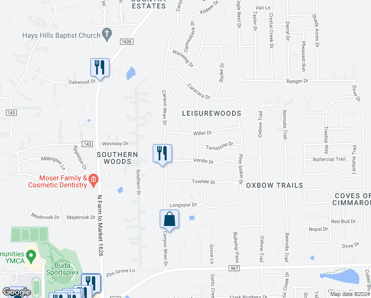 map of restaurants, bars, coffee shops, grocery stores, and more near 502 Dowitcher Circle in Buda