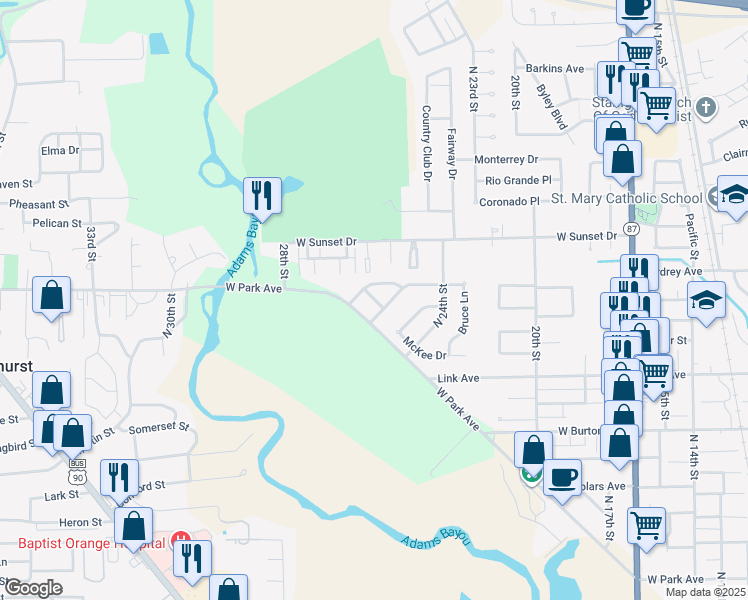 map of restaurants, bars, coffee shops, grocery stores, and more near 2540 West Park Avenue in Orange