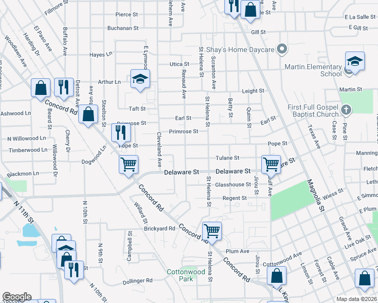 map of restaurants, bars, coffee shops, grocery stores, and more near 2078 Tulane Street in Beaumont