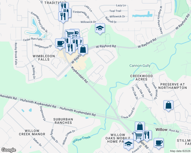 map of restaurants, bars, coffee shops, grocery stores, and more near 8000 Ward Lane in Spring