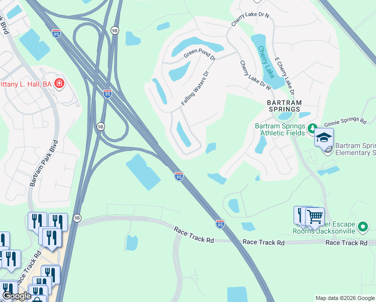 map of restaurants, bars, coffee shops, grocery stores, and more near 14900 Bulow Creek Drive in Jacksonville