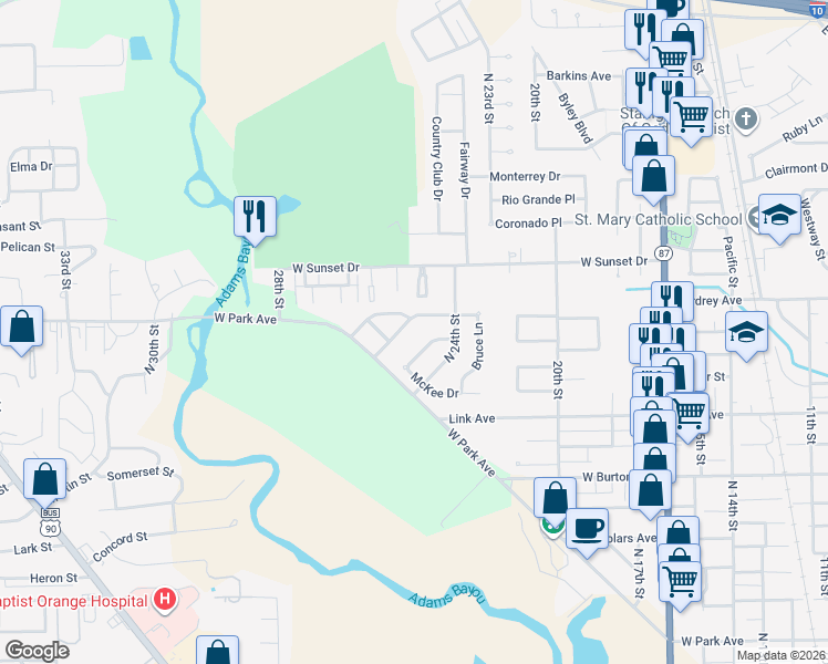 map of restaurants, bars, coffee shops, grocery stores, and more near 2120 Wickard Drive in Orange