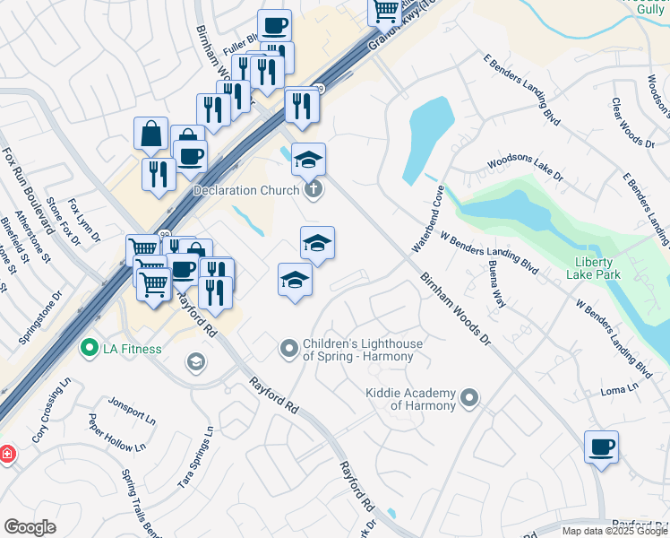 map of restaurants, bars, coffee shops, grocery stores, and more near 3515 Waterbend Cove in Spring