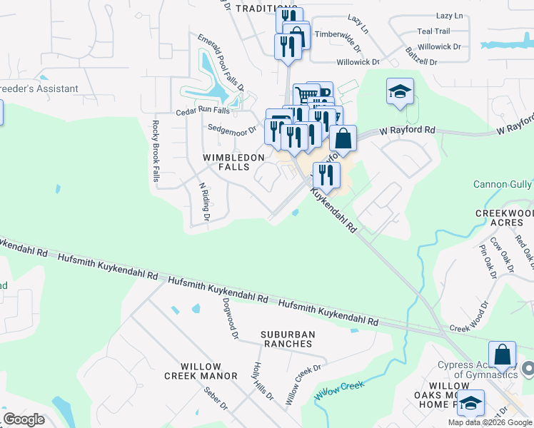map of restaurants, bars, coffee shops, grocery stores, and more near 24003 Rain Creek Drive in Tomball