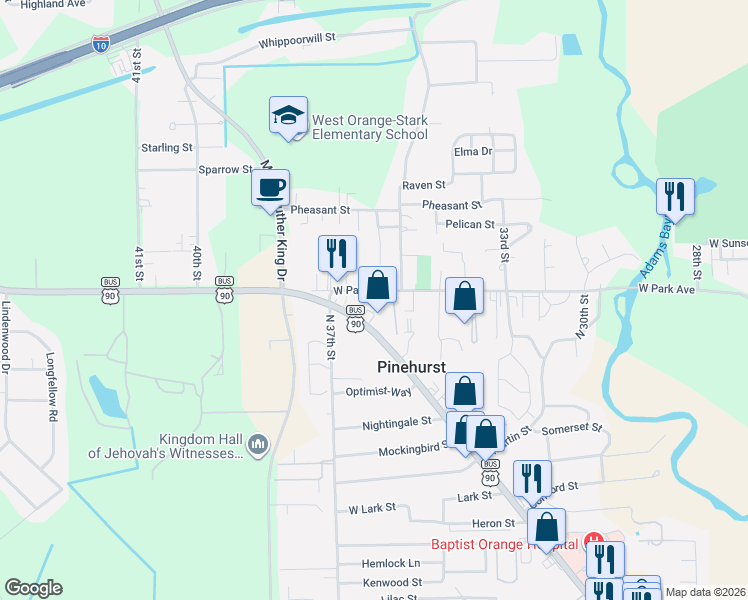 map of restaurants, bars, coffee shops, grocery stores, and more near 3609 West Park Avenue in Orange