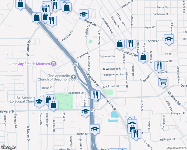 map of restaurants, bars, coffee shops, grocery stores, and more near 3190 Eastex Freeway in Beaumont