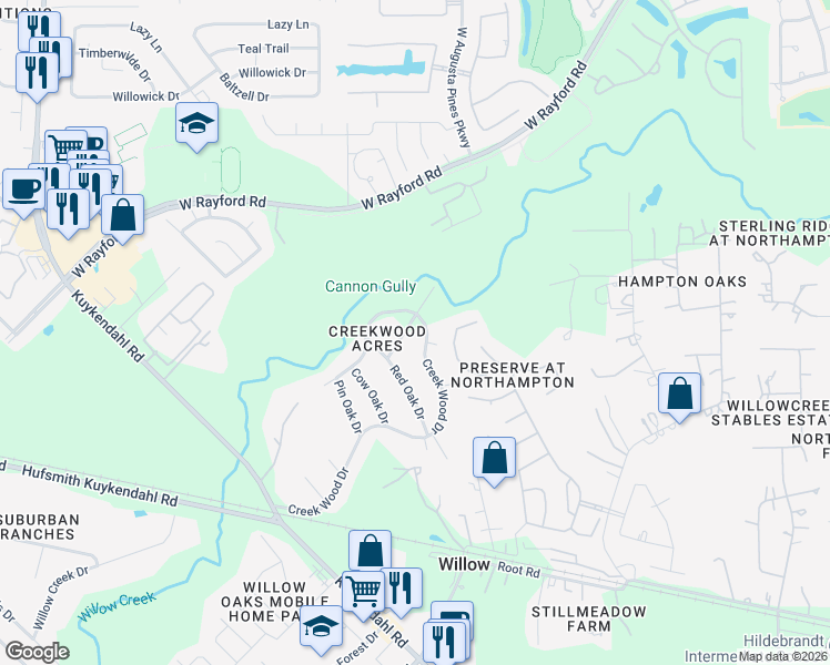 map of restaurants, bars, coffee shops, grocery stores, and more near 23926 Overcup Drive in Spring