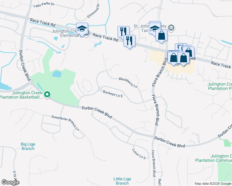 map of restaurants, bars, coffee shops, grocery stores, and more near 432 Buckeye Lane East in Jacksonville