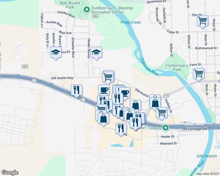 map of restaurants, bars, coffee shops, grocery stores, and more near 104 Hasler Boulevard in Bastrop