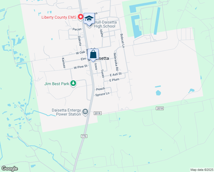 map of restaurants, bars, coffee shops, grocery stores, and more near 201 Peach in Daisetta
