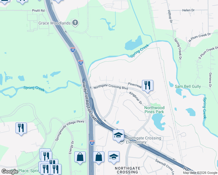 map of restaurants, bars, coffee shops, grocery stores, and more near 24314 Soapstone Lane in Spring
