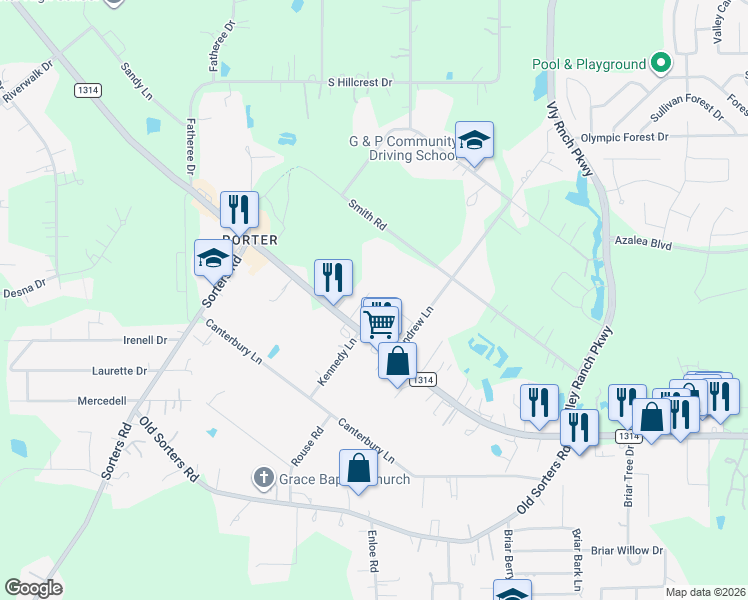 map of restaurants, bars, coffee shops, grocery stores, and more near 23337 Farm to Market Road 1314 in Porter