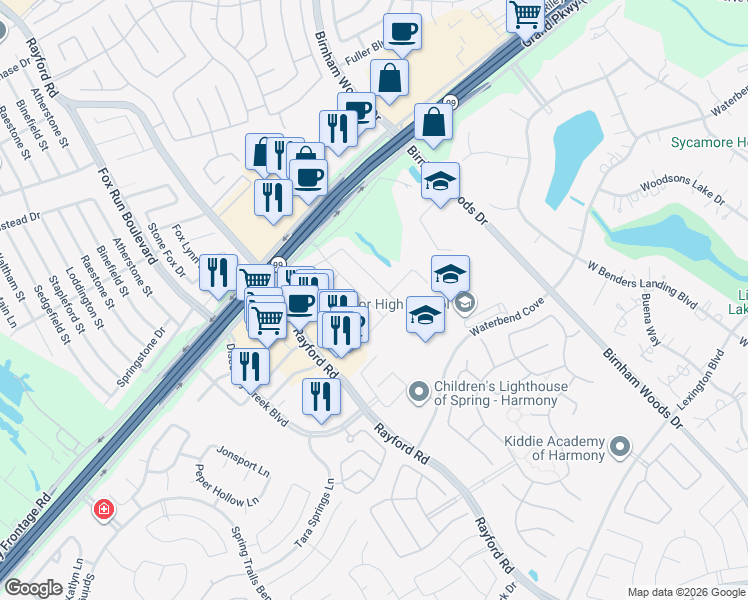 map of restaurants, bars, coffee shops, grocery stores, and more near 28518 Lockeridge Farms Drive in Spring