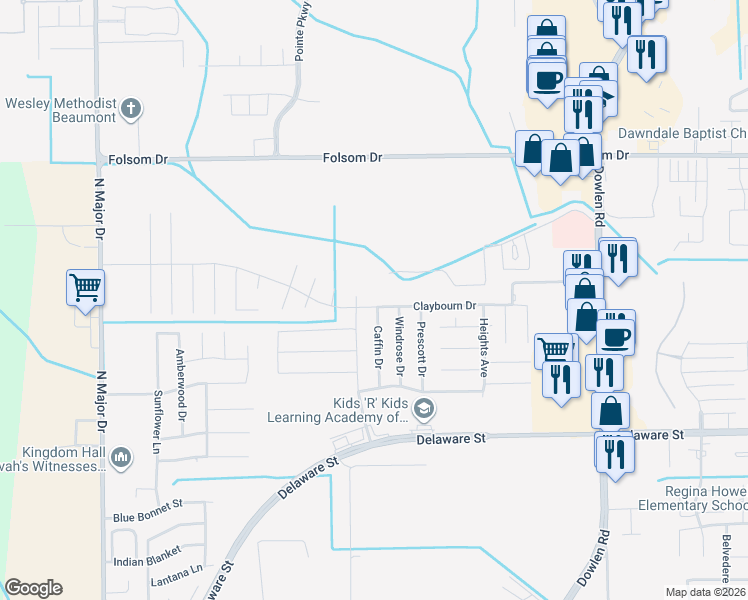 map of restaurants, bars, coffee shops, grocery stores, and more near 6454 Claybourn Drive in Beaumont