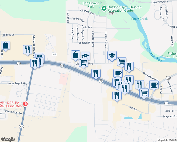 map of restaurants, bars, coffee shops, grocery stores, and more near 324-376 Texas 71 in Bastrop