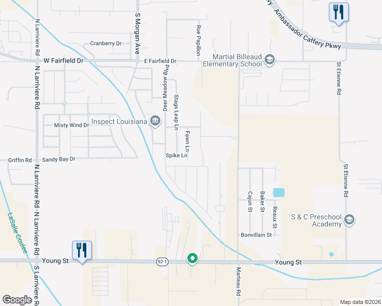 map of restaurants, bars, coffee shops, grocery stores, and more near 200 Fawn Lane in Broussard