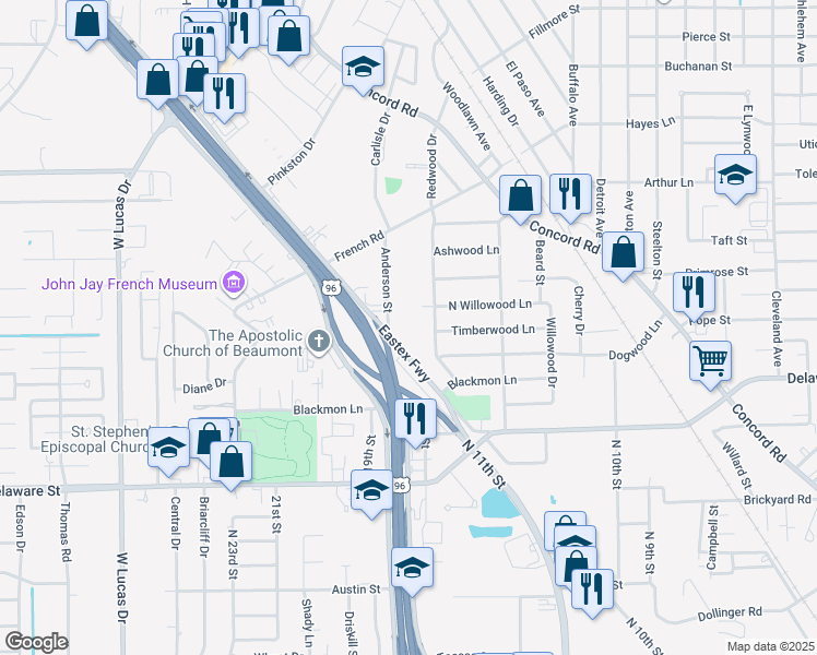 map of restaurants, bars, coffee shops, grocery stores, and more near 3190 Anderson Street in Beaumont