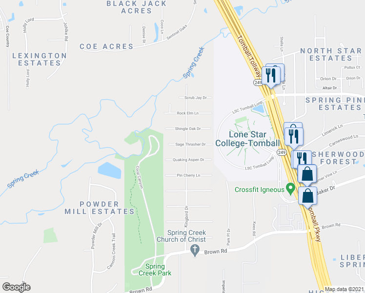 map of restaurants, bars, coffee shops, grocery stores, and more near 14903 Sage Thrasher Drive in Tomball