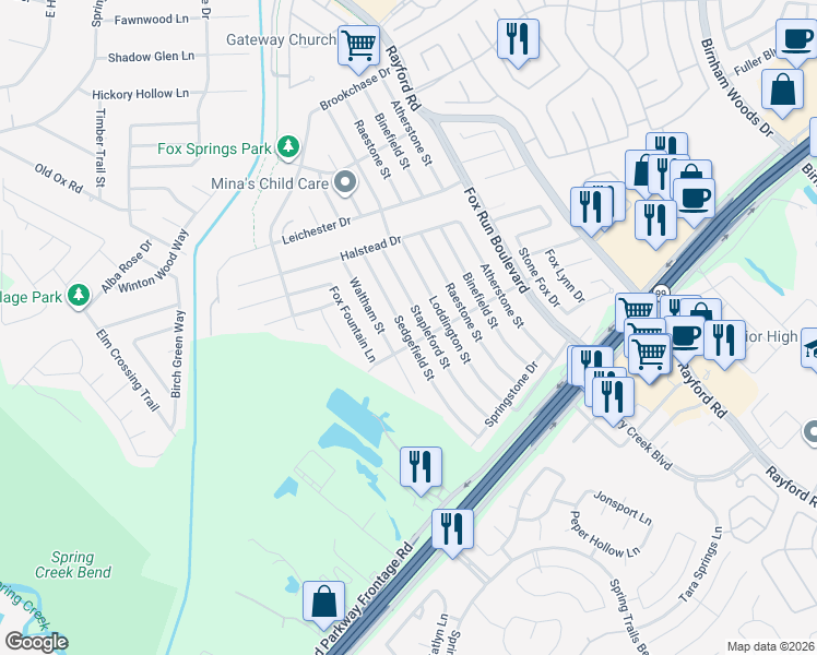 map of restaurants, bars, coffee shops, grocery stores, and more near 29002 Sedgefield Street in Spring