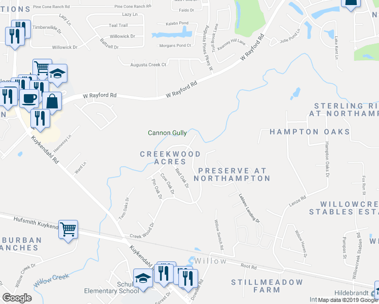map of restaurants, bars, coffee shops, grocery stores, and more near 23926 Overcup Drive in Spring