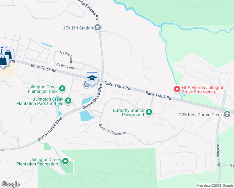 map of restaurants, bars, coffee shops, grocery stores, and more near 581 Sparrow Branch Circle in Jacksonville