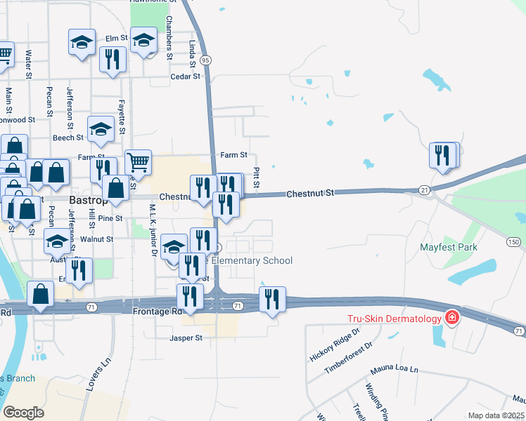 map of restaurants, bars, coffee shops, grocery stores, and more near 2235 Chestnut Street in Bastrop