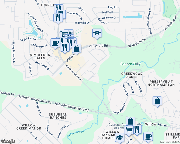 map of restaurants, bars, coffee shops, grocery stores, and more near 8000 Ward Lane in Spring