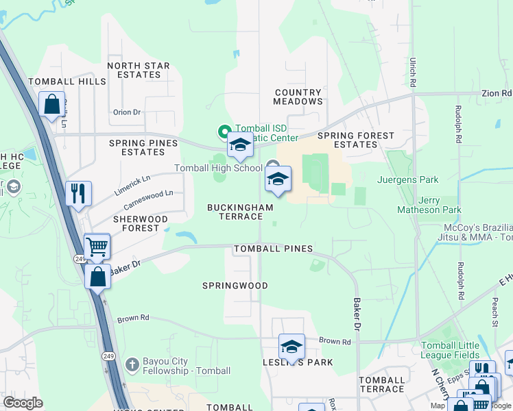 map of restaurants, bars, coffee shops, grocery stores, and more near 13902 Buckingham Drive in Tomball
