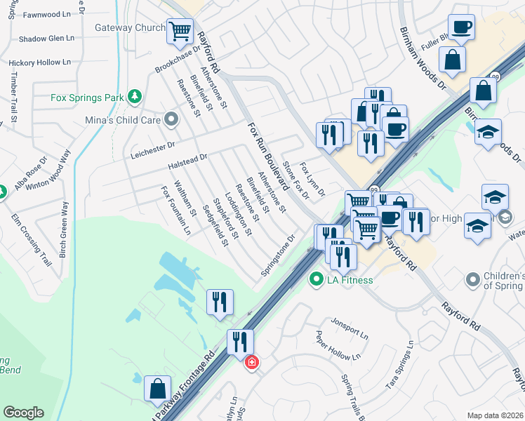 map of restaurants, bars, coffee shops, grocery stores, and more near 28907 Binefield Street in Spring