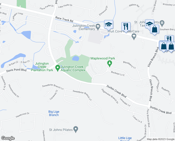 map of restaurants, bars, coffee shops, grocery stores, and more near 720 Trotwood Trace Court in Saint Johns